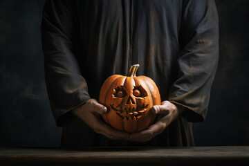 Spooky Halloween: Person Holding Creepy Jack O Lantern Pumpkin on a Vintage Wooden Table Amidst Autumn Shadows, Gothic Festive Decoration