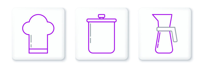 Set line Measuring cup, Chef hat and Cooking pot icon. Vector