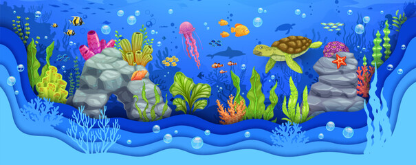 Cartoon sea paper cut, underwater landscape with turtle and seaweeds, vector corals, fish and jellyfish. Undersea papercut background with ocean water and coral reef starfish, dolphin and starfish