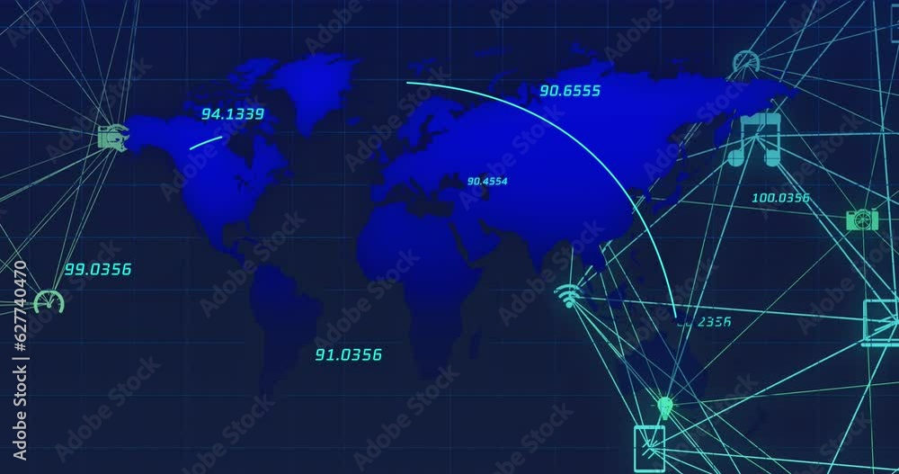 Poster animation of connections with icons and data processing over world map