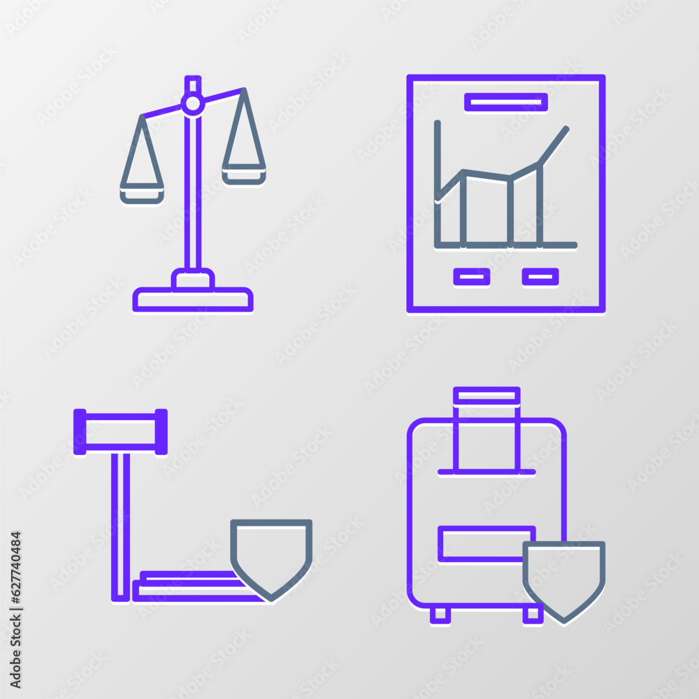 Aufkleber set line traveling baggage insurance, judge gavel with shield, document graph chart and scales of ju