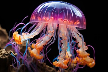 Jellyfish. Glowing neon jellyfish with long tentacles. Illuminated jellyfish moving through the water. Isolated on dark background. Colorful Jellyfish underwater. Made With Generative AI.