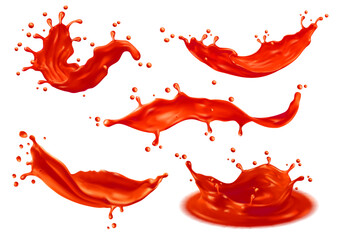 Tomato ketchup sauce splashes or red liquid tomato juice, vector realistic isolated 3d. Red fruit flow or tomato ketchup splash for food background with texture, ketchup spill from bottle with drops - obrazy, fototapety, plakaty
