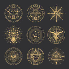 Occult and esoteric pentagram, magic tarot signs. Occultism and magic alchemy pentagrams with sun and moon, ritual cult heptagram of cabbala, illuminati or freemasons