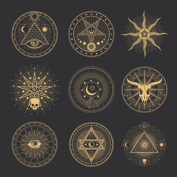 Occult and esoteric pentagram, magic tarot signs. Occultism and magic alchemy pentagrams with sun and moon, ritual cult heptagram of cabbala, illuminati or freemasons