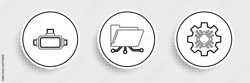 Aufkleber set line processor, virtual reality glasses and folder and lock icon. vector