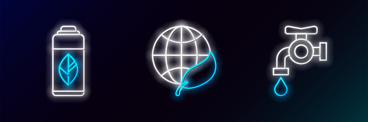 Set line Water tap, Recycling plastic bottle and Earth globe and leaf icon. Glowing neon. Vector
