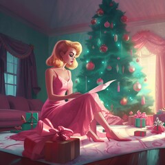 Christmas card -  woman reads letter. New year, xmas design with Christmas tree,  present, gift  boxes. 