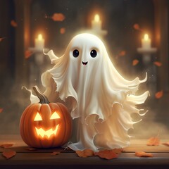 Child cute ghost with jack lantern pumpkin Halloween design. Funny childish spirit design. Holiday treak or treat illustration