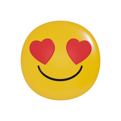 3D illustration of a "smile" emoji in yellow with a passionate expression. Red heart eyes. Valentine's Day romantic social media art.