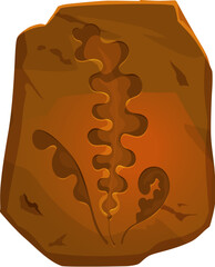 Ancient fossil, fern plant imprint in stone, vector archaeology and paleontology science. Cartoon prehistoric rock with relief print or trace of fern leaves silhouette. Ancient geological age fossil