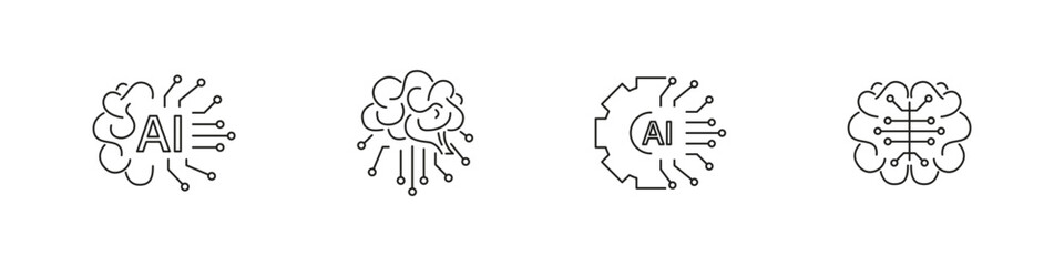 Artificial inteligence outline vector icon set. Ai brain technology symbol collection.
