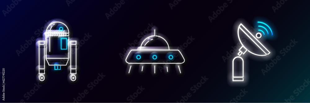Poster set line radar, robot and ufo flying spaceship icon. glowing neon. vector
