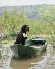 black dog on the boat. Little pet adventure. Gordon setter in nature
