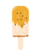 Dessert ice cream sticker concept. Wooden stick with fruit delicacy. Poster or banner for website. Summer and hot weather. Cartoon flat vector illustration isolated on white background