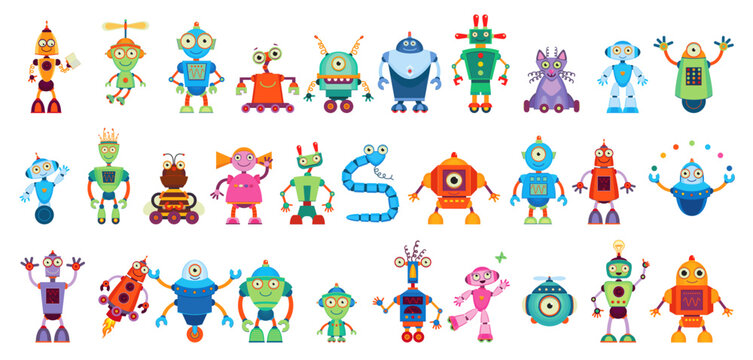 Cartoon robot droid characters, android cyborgs and robotic transformers, vector toys. Funny retro robots and mechanic droids and electronic bots with cute faces on wheels with display faces