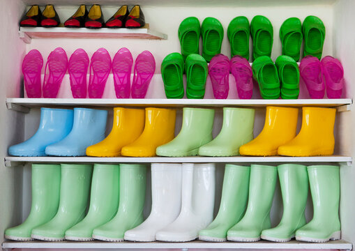 Plastic shoes and boots for sale in a village shop, South Hamgyong Province, Hamhung, North Korea