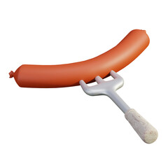 3D Sausage With Fork Isolated on Transparent Background