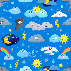 Obraz premium Cartoon weather characters seamless pattern. Wrapping paper print, wallpaper or textile vector seamless background. Fabric pattern with rain cloud, sun, lightning, rainbow and tornado wind whirlpool