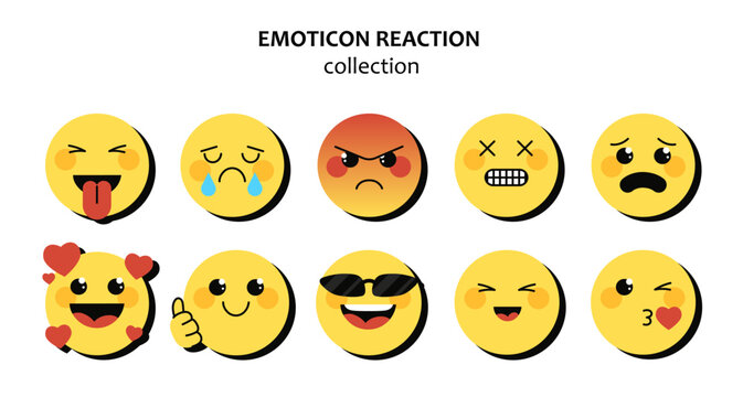 Set of emotions for reactions. Anger, joy, love and sadness. Emoji for social networks and messengers. Happiness and cool. Cartoon flat vector collection isolated on white background