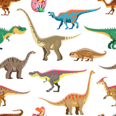 Funny dinosaur cartoon characters seamless pattern. Fabric vector pattern, print seamless background with Plateosaurus, Iguanodon, Omeisaurus and Hyperodapedon, Tarbosaurus, Vulcanodon dino personages