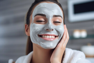 Happy young woman applying a facial mask on face, starting skincare routine. Generative AI