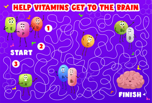 Labyrinth maze game. Cartoon vitamin and micronutrient characters. Child labyrinth playing activity, maze game vector worksheet with human brain, E, P, U and B12, A, C vitamin pills cute personages