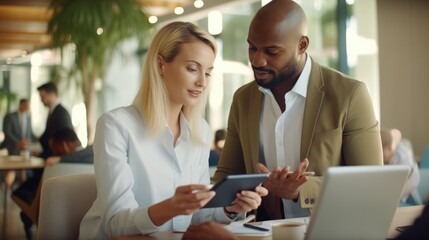 Two diverse business team people talking and working in office on corporate project at meeting. Generative AI