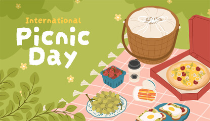 International picnic day concept. Wooden basket and blanket with plates of fruit and food. Outdoor recreation and rest. Pizza and sandwiches with egg and vegetables. Cartoon flat vector illustration - Powered by Adobe