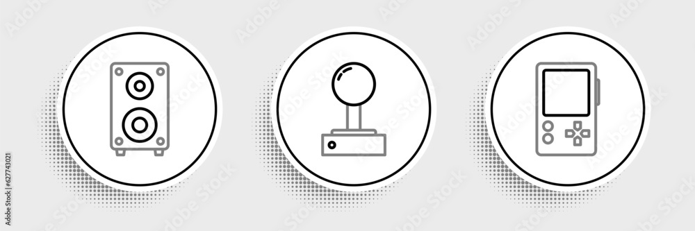 Poster set line portable video game console, stereo speaker and joystick for arcade machine icon. vector