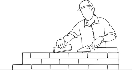 continuous single line drawing of mason building wall, bricklaying line art vector illustration - obrazy, fototapety, plakaty
