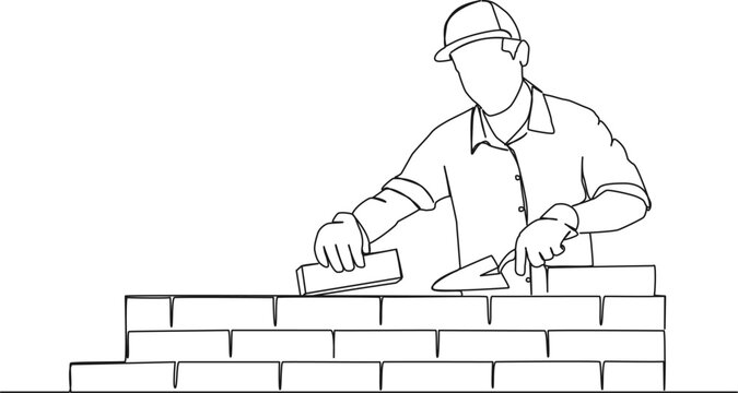 continuous single line drawing of mason building wall, bricklaying line art vector illustration