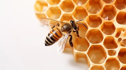 Bee sits on a honeycomb white background. Generative Ai - obrazy, fototapety, plakaty