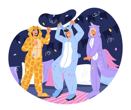 People at pajama party concept. Man and woman in pajamas. Leisure and disco, event. Friends resting on blankets at night or evening. Flyer and leaflet. Cartoon flat vector illustration
