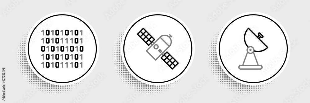 Poster set line radar, binary code and satellite icon. vector
