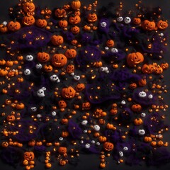 Crochet Halloween pumpkins on Dark background. Top view. Copy space.