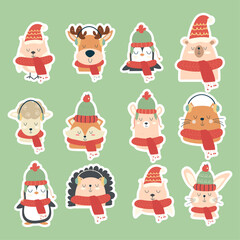 Collection stickers of hand drawn different animals in scarves, hat. Winter, autumn, Christmas