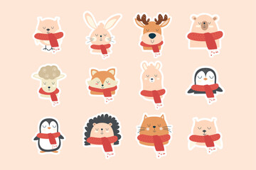 Collection stickers of hand drawn different animals in scarves. Winter, autumn, Christmas