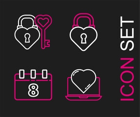 Set line Online dating app and chat, Calendar with 8 March, Castle the shape of heart and key icon. Vector