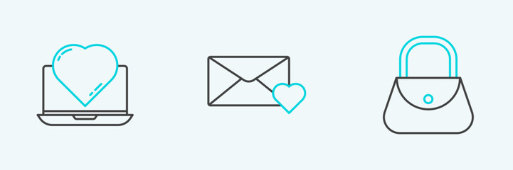Set line Handbag, Online dating app chat and Envelope with 8 March icon. Vector