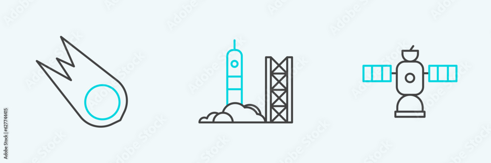 Poster set line satellite, comet falling down fast and rocket launch from the spaceport icon. vector