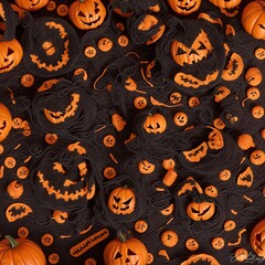 Crochet Halloween pumpkins on Dark background. Top view. Copy space.