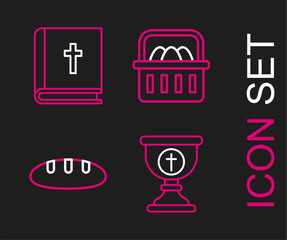 Set line Christian chalice, Bread loaf, Basket with easter eggs and Holy bible book icon. Vector