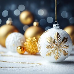 white and gold Christmas background with fir twigs and balls. Christmas balls with snowflakes and branches on colored background, created with generative ai