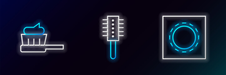 Set line Condom in package safe sex, Toothbrush with toothpaste and Hairbrush icon. Glowing neon. Vector