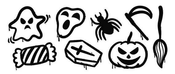 Set of graffiti spray pattern. Collection of halloween symbols, ghost, skull, candy, pumpkin, spider with spray texture. Elements on white background for sticker, banner, decoration, street art.