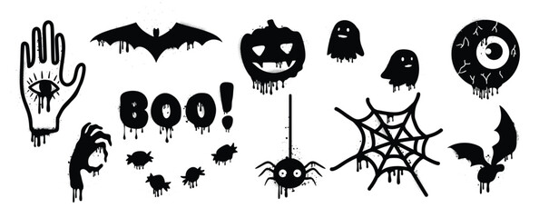 Fototapeta premium Set of graffiti spray pattern. Collection of halloween symbols, ghost, spider, bat, pumpkin, hand, eye with spray texture. Elements on white background for sticker, banner, decoration, street art.