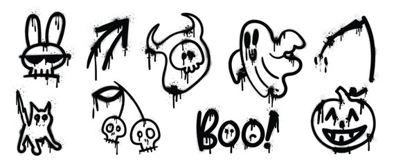 Set of graffiti spray pattern. Collection of halloween symbols, ghost, skull, cat, rabbit, pumpkin, arrow with spray texture. Elements on white background for sticker, banner, decoration, street art.