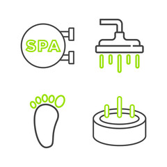 Set line Swimming pool with ladder, Foot massage, Shower head and Spa salon icon. Vector