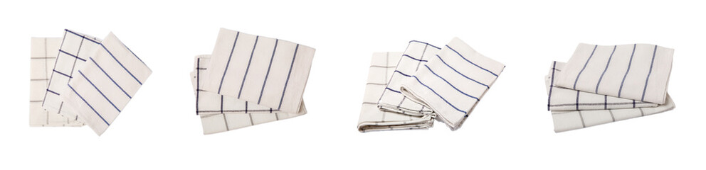 Kitchen towel isolated on white background. Cotton napkin for a picnic.Food decor. Crumpled towel. Textile napkin. home textiles. Folded cloth. Food serving design element. Square napkin. Design